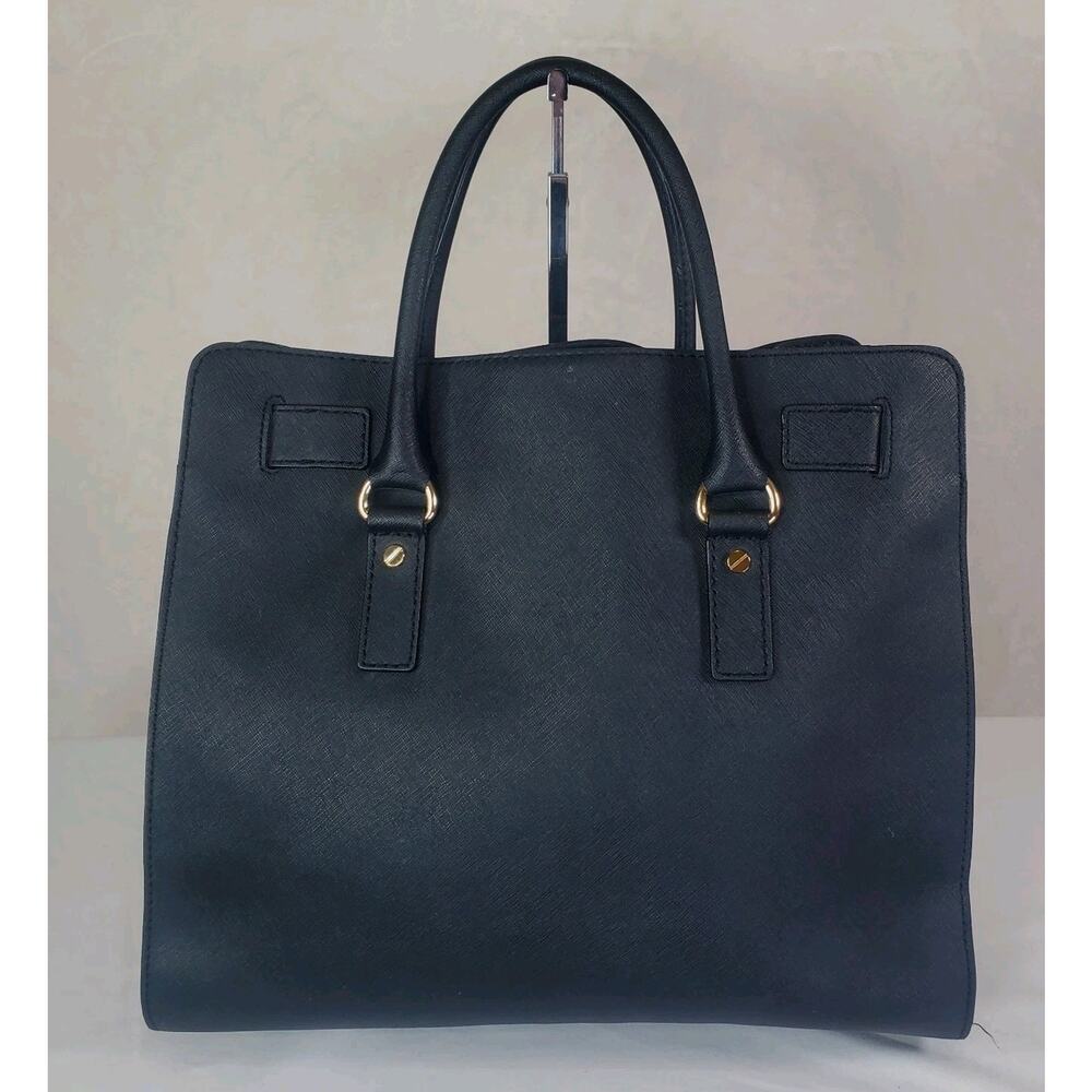 Michael Kors Hamilton Large Saffiano Leather Black Satchel Bag Gold Chain Purse - Picture 10 of 16